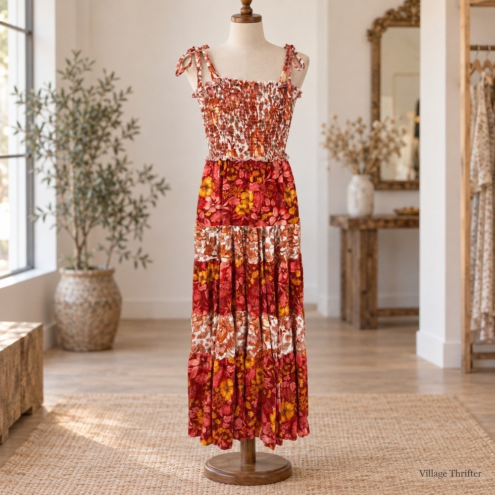 Abel the Label Maxi Dress Womens M Red Floral Smocked Tiered Boho Festival
